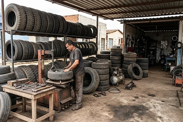 Diversos tipos de pneus disponíveis em uma borracharia em Codó.